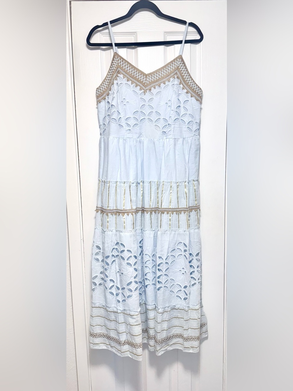 Light Blue Eyelet Midi Dress with Tan Trim